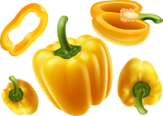 Collection of yellow bell peppers in different cuts and perspectives, isolated on a white background. The arrangement includes a whole pepper, a cross-section showing the interior and seeds