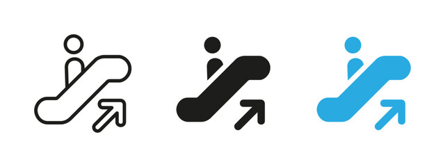 Escalator up icon. Person ascending on moving staircase with upward arrow vector illustration. Public transport and shopping mall symbol. Navigation element for directions to upper floors or platforms