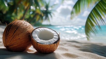 Juicy pieces of split coconuts rest on the sandy seashore, framed by lush palm trees on a bright sunny day, evoking a tropical paradise