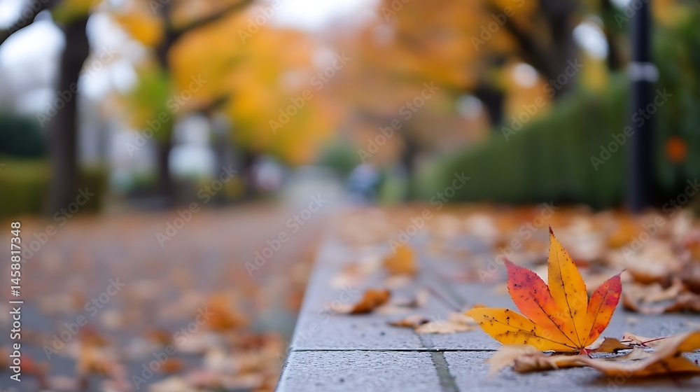 Poster single autumn leaf rests on a park bench, surrounded by fallen leaves; blurred background shows tree