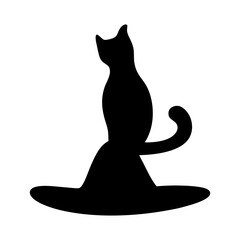 Black cat silhouette perched on a witch's hat against a white background