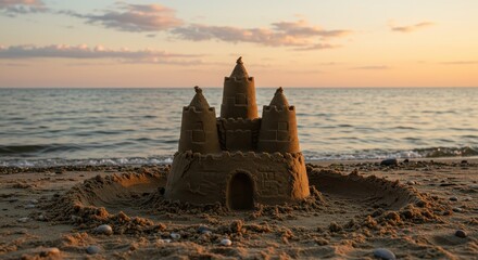 Beautiful Sand Castle at Sunset on Tranquil Beach with Gentle Waves and Moody Sky Reflections, Capturing the Essence of Summer Fun and Creativity