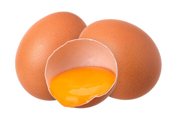 Chicken eggs and egg in eggshell half isolated, egg macro studio photo, transparent PNG, cut out, fresh