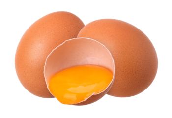 Chicken eggs and egg in eggshell half isolated, egg macro studio photo, transparent PNG, cut out, fresh