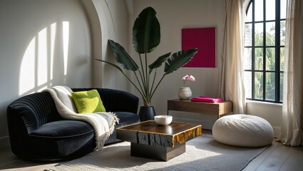Generative AI, Gothic Living Room with Black Velvet Sofa