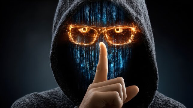 Cyber crime hacking forensics concept. Mysterious figure with glowing glasses and binary code, signaling silence.