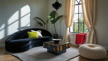 Generative AI, Gothic Living Room with Black Velvet Sofa