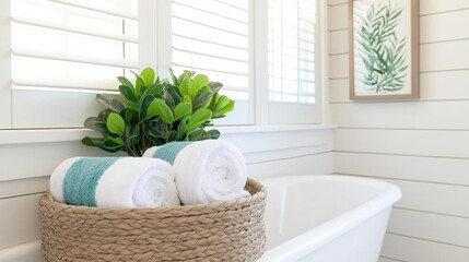 Bathroom with white walls and a white bathtub. on the left side of the image, there is a window with white shutters. next to the window, there are two white towels in a woven basket.