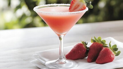 Strawberry margarita in a martini glass on a white wooden table. the glass is filled with a pinkish-red liquid and has a slice of strawberry on the rim.