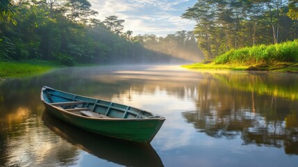 Naklejka premium Serene Sunrise on Tropical River with Rowboat