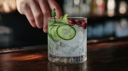 Tall glass of water on a wooden bar counter. the glass is filled with ice cubes, a slice of cucumber, a sprig of rosemary, and a few red berries.