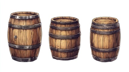 Collection of Wooden Barrels: Three Different Sizes of Rustic Oak Barrels with Metal Bands