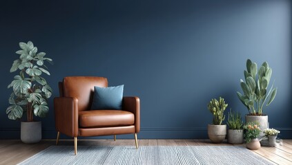 A cozy living room with a brown leather armchair, potted plants, blue wall, and a textured rug.