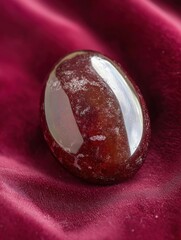 Close-up of a round, oval-shaped gemstone resting on a red velvet fabric. the gemstone appears to be a deep red color with a glossy finish, and it has a smooth, polished surface.