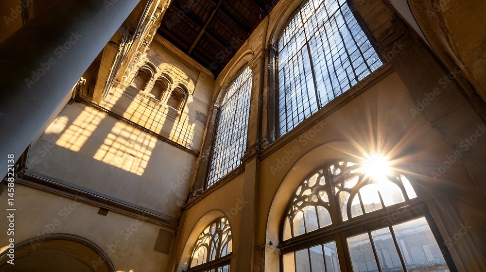 Aufkleber Sunlight streams through arched windows in a historic building's interior, illuminating aged walls and casting dramatic shadows. : Generative AI