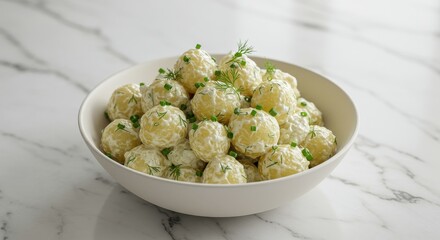 Creamy Herb Potato Balls in White Bowl on Elegant Marble Surface with Fresh Green Garnish, Perfect for Appetizers and Party Snacks