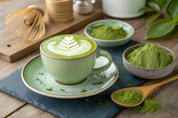 Matcha Latte Cup with Frothy Milk and Matcha Powder – Transparent PNG for Refreshing Green Tea Beverage Designs