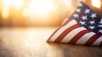 Folded american flag rests on wooden surface, bathed in warm, golden light, creating a patriotic and somber mood. : Generative AI