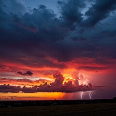 Obraz premium Fiery Sunset with Lightning Strikes Over Rural Field