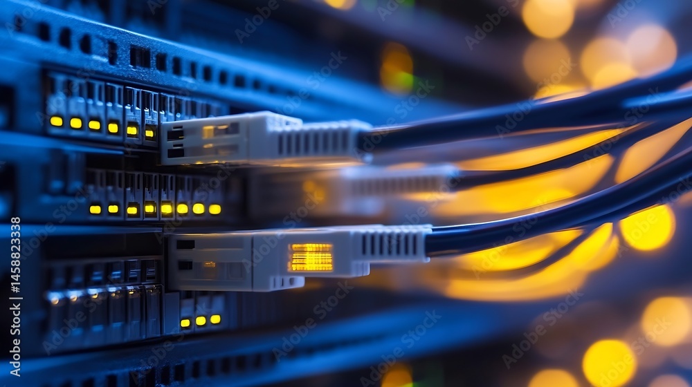 Poster Close-up view of fiber optic cables connected to a server rack, glowing with yellow lights in a dark blue environment.  The image showcases technology and networking infrastructure. : Generative AI