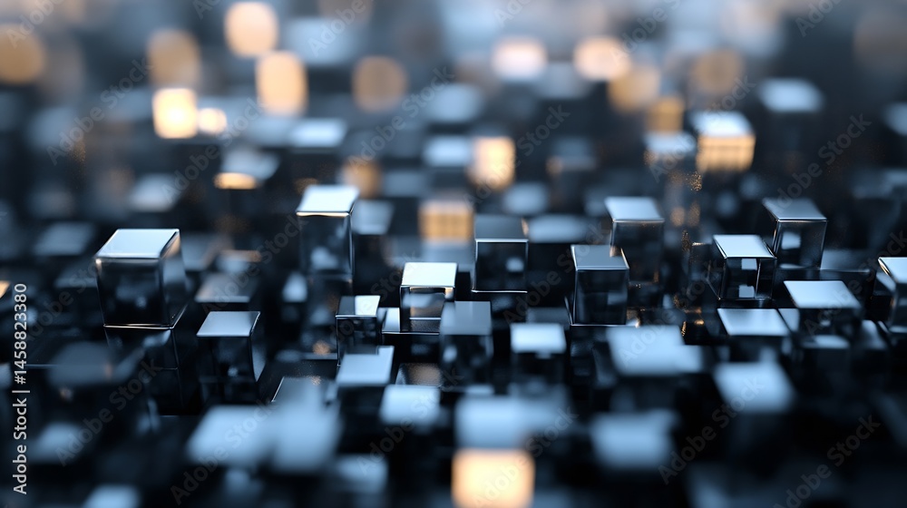 Poster Abstract 3D render of a cityscape composed of numerous dark metallic cubes, illuminated by subtle warm lights, creating a futuristic and technological atmosphere. : Generative AI
