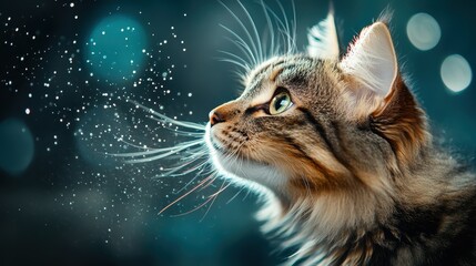 A thoughtful cat gazes into the distance with water droplets sparkling around, reflecting a serene and contemplative mood of a feline caught in a tranquil moment.