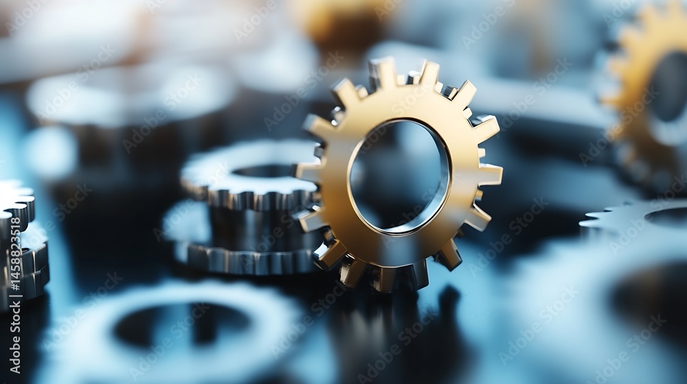 Poster close-up of metallic gears, showcasing intricate details and a reflective surface. the gold-toned ge