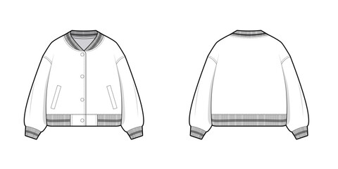 Varsity Jacket- Bomber Jacket- Activewear Jacket Design with Pocket - Jackets Fashion Technical Illustration - Front and Back Views Winter Coat, Men Women Unisex Sweatshirt Jersey CAD Mockup