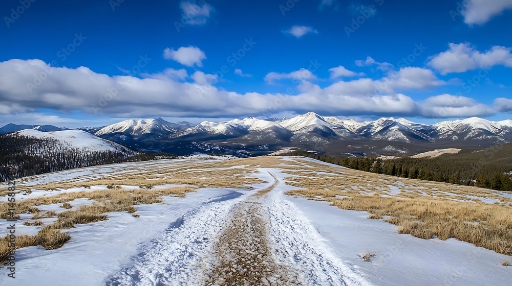 Poster snowy mountain trail leading towards a majestic snow-capped mountain range under a vibrant blue sky 