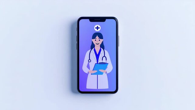 Virtual doctor consultation on smartphone screen animation video. Female physician with stethoscope and clipboard animated footage clip seamless HD motion graphics. Telemedicine concept