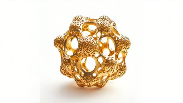 Gold nanostructure with perforated surface and organic design animation video. Futuristic molecular rotation animated footage clip seamless HD motion graphics. Fractal geometry concept