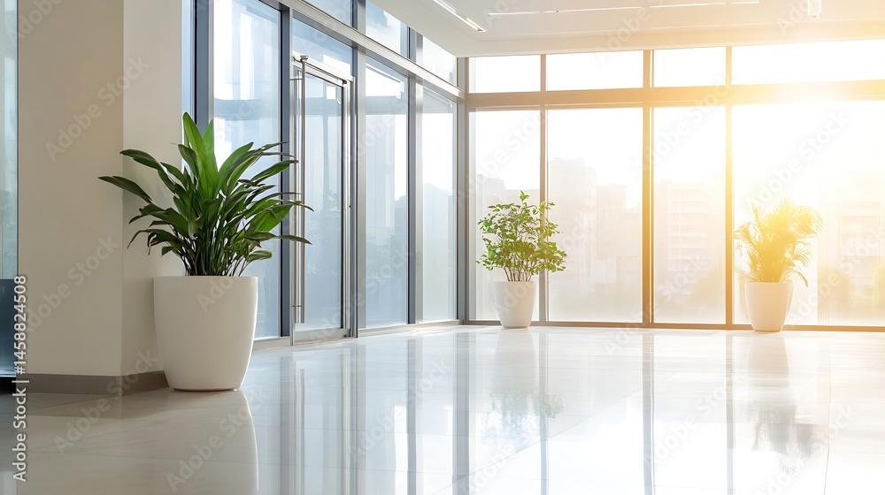 Poster Modern office lobby with large windows, sunlight streaming in, and three potted plants adding a touch of nature to the bright, minimalist space. : Generative AI