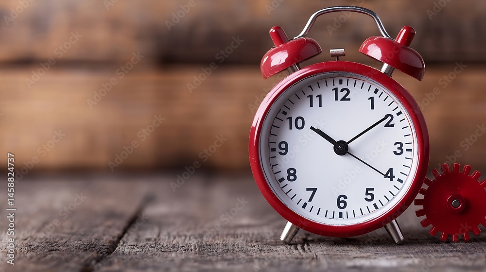 Poster red alarm clock and gear on rustic wooden surface, time management concept image. : generative ai