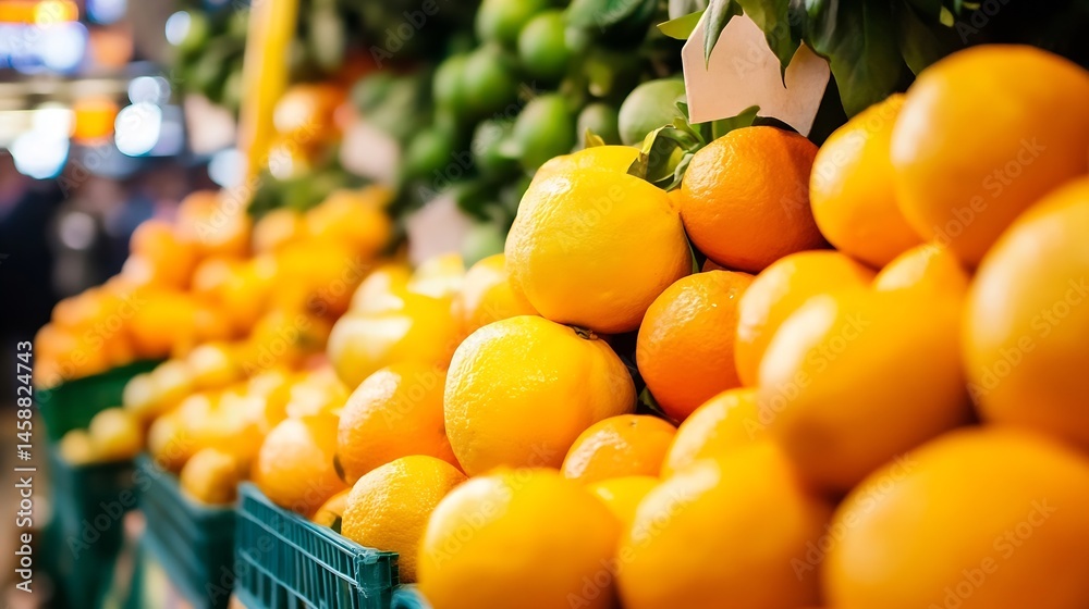 Poster a vibrant display of fresh oranges and lemons at a bustling market, showcasing their bright yellow a