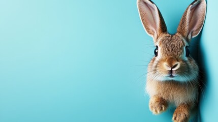Obraz premium A close-up of an inquisitive rabbit, featuring its expressive face and endearing features, set against a striking blue background that adds a refreshing vibe.