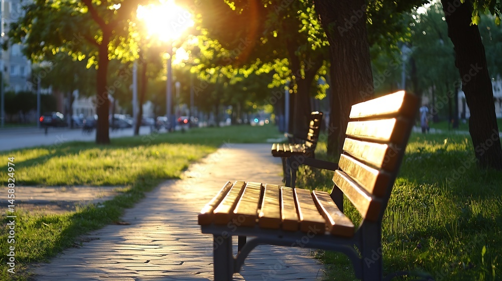 Poster golden hour sunlight illuminates empty park benches along a paved pathway, trees and blurry city bac
