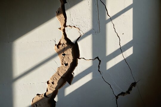 Home Renovation Concept: Damaged Interior Wall with Crumbling Plaster Exposing Underlying Lath, Aged and Textured Surface