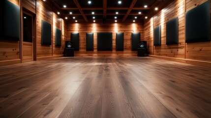 A beautifully designed wooden acoustic studio featuring an inviting atmosphere with dim lights, perfect for sound recording and creative collaboration in music.