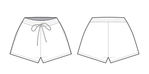 Women's Garterized Shorts With Drawstrings- Technical Illustration - Front and Back View- Flat Vector Illustration- Shorts Cad Illustration 