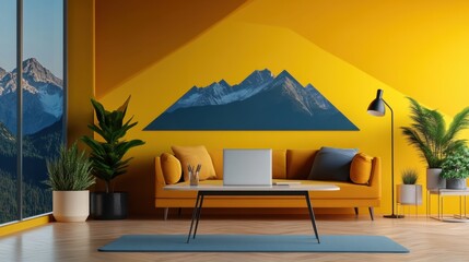 Tech startup office interior with creative wall art, modern furniture, and digital devices
