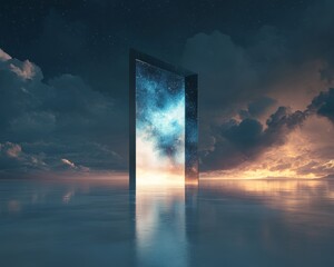 Surreal Portal Concept: Isolated Doorway on Salt Flat Opens to Nebula