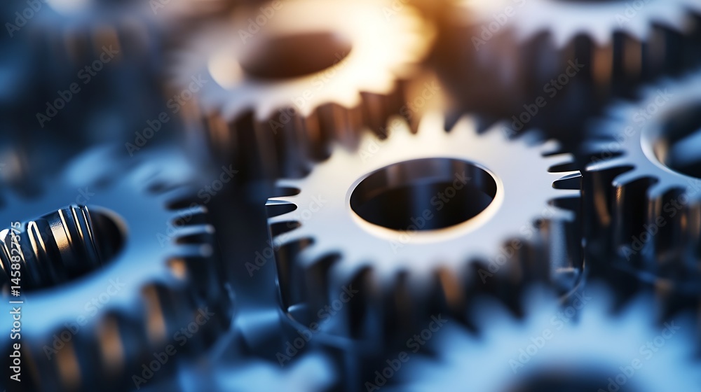Poster Close-up view of intricate metal gears, showcasing their complex interlocking design and precision engineering.  The image highlights the metallic sheen and detailed craftsmanship of e : Generative AI
