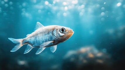 An enchanting fish swims gracefully in an underwater dreamscape, illuminated by gentle sunlight, creating a captivating atmosphere filled with visual wonder and tranquility.