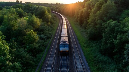 Passenger train journey through lush green forest at sunset, aerial view of railway tracks and carriages moving along scenic route. : Generative AI