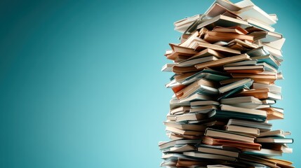 This image features a tall stack of books arranged haphazardly against a teal background, symbolizing knowledge, curiosity, and the pursuit of education and learning.