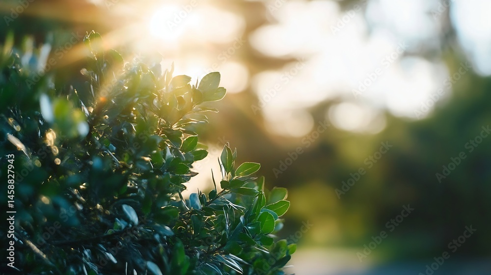 Poster sunlight filtering through lush green foliage, creating a warm, vibrant glow. the leaves are illumin