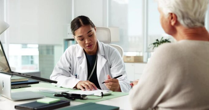 Senior patient, doctor and prescription with script for medical consultation, referral letter or diagnosis report. Healthcare, old woman and professional with paperwork at clinic for health checkup