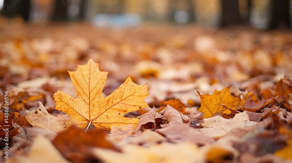 Aufkleber close-up view of a single, vibrant yellow maple leaf resting on a bed of fallen autumn leaves in a p