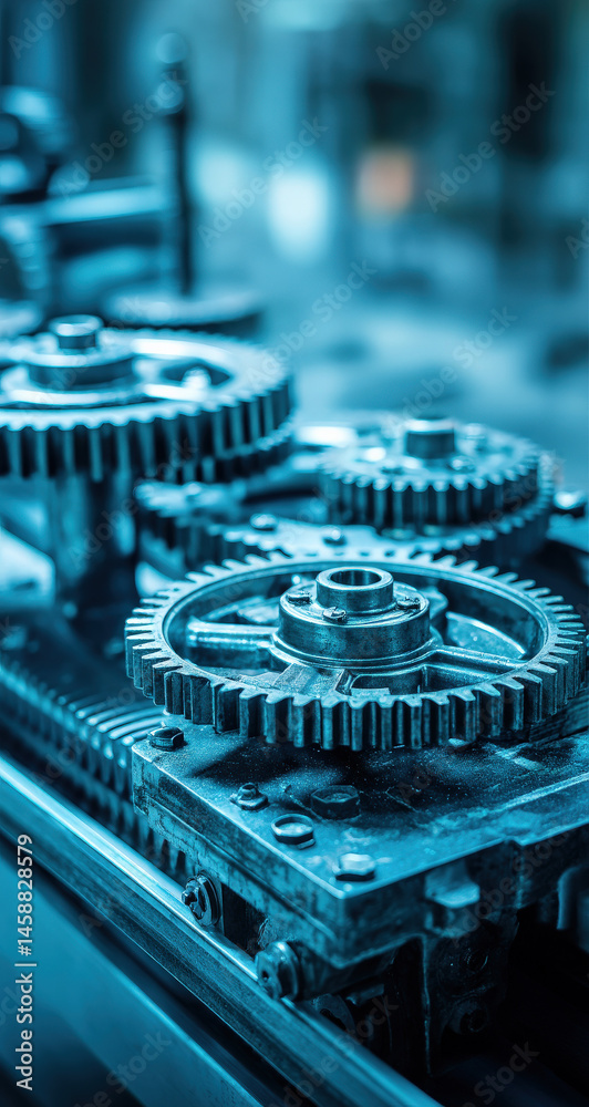 Aufkleber Close-up view of intricate metal gears, showcasing precision engineering and industrial machinery.  The cyan-toned image highlights the detailed craftsmanship and complex mechanism.
