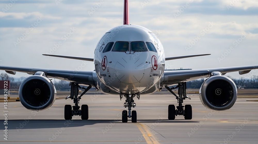 Poster close-up view of a modern passenger airplane on the tarmac, showcasing its sleek design and powerful